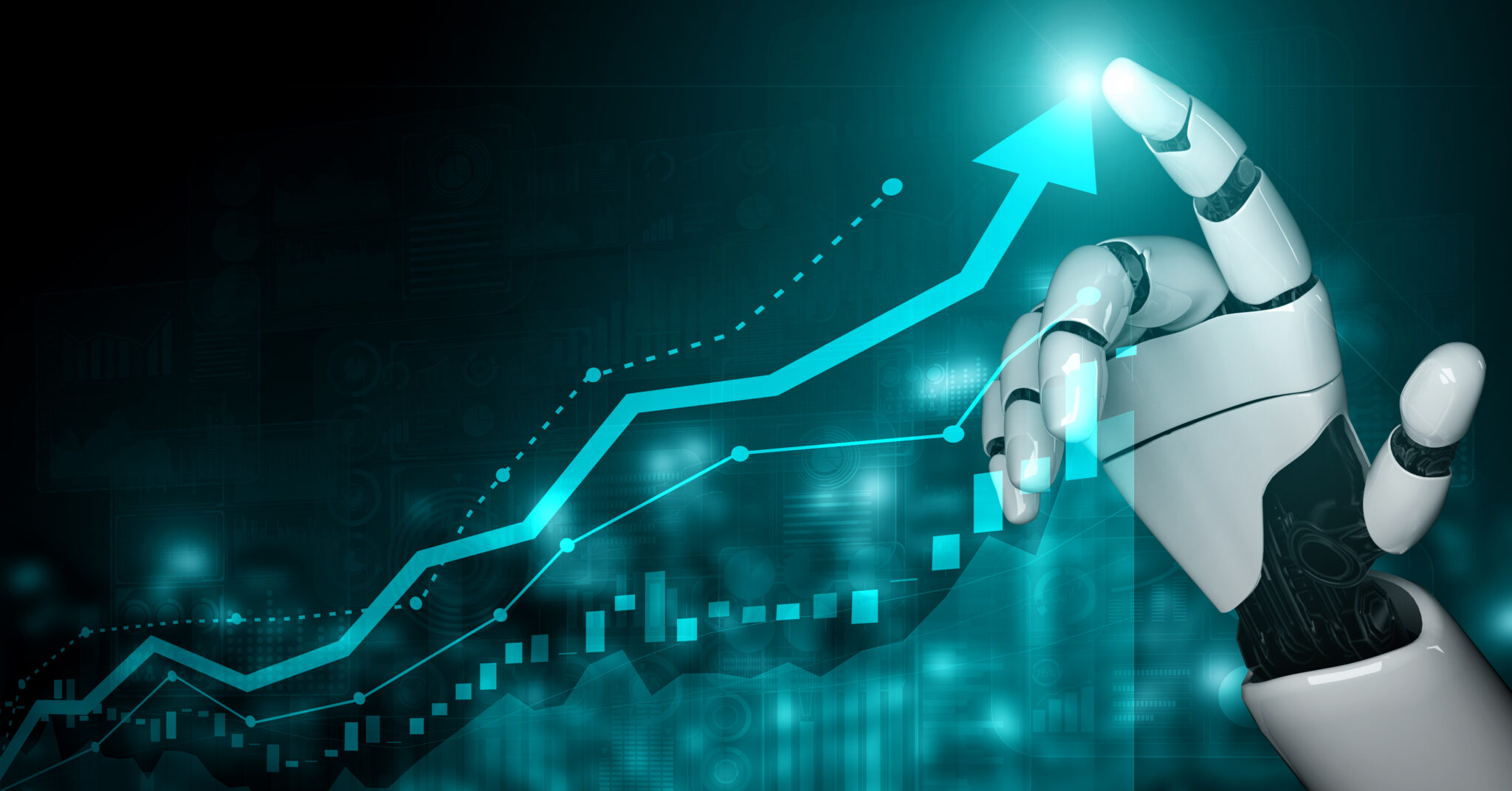 3D rendering artificial intelligence AI research of robot and cyborg development for future of people living. Digital data mining and machine learning technology design for computer brain.