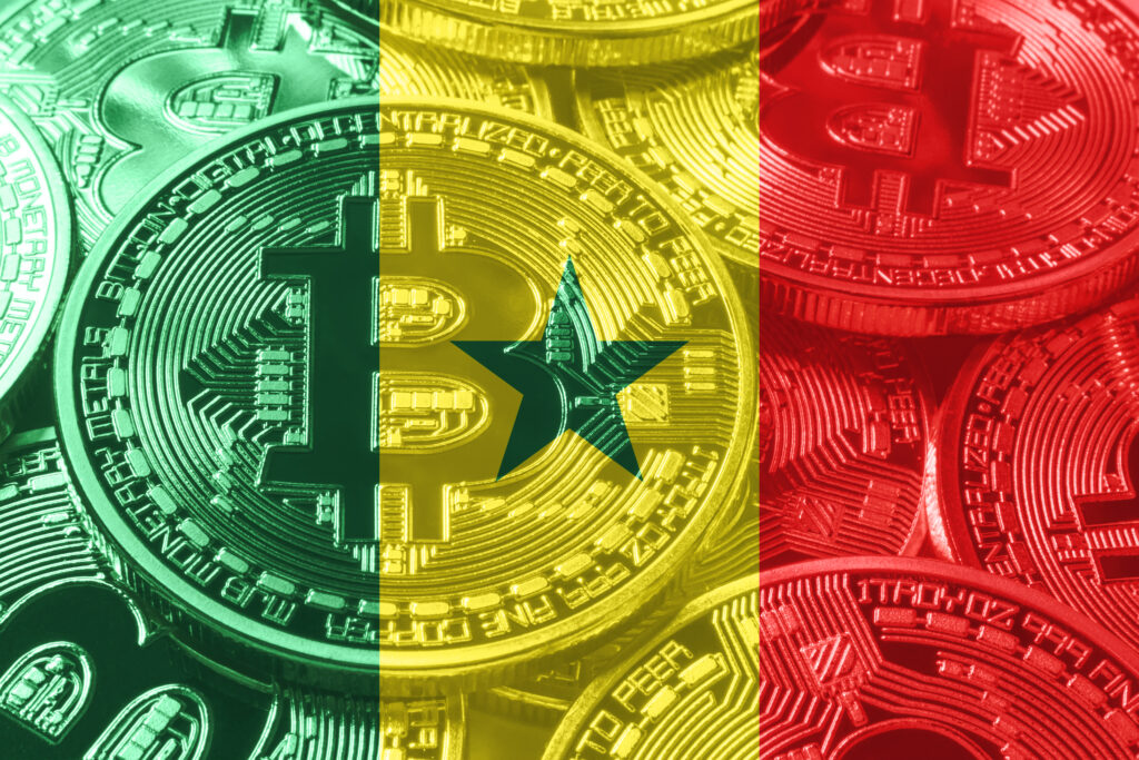 Senegal bitcoin flag, national flag cryptocurrency concept black background