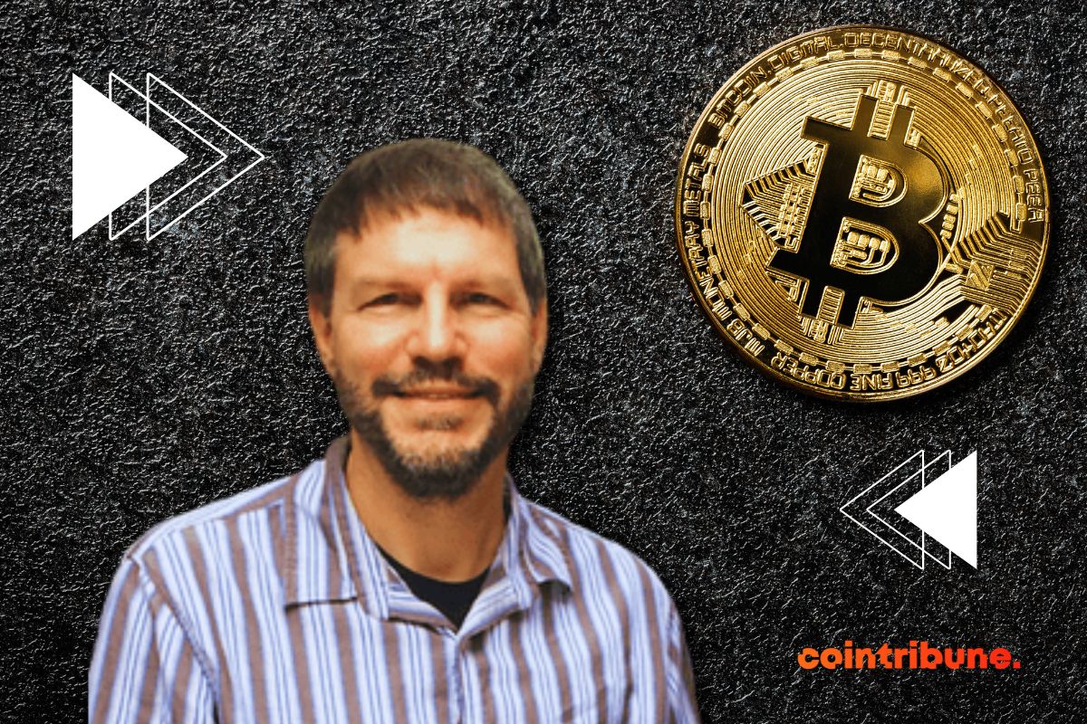 Retrato de nick szabo y una moneda de bitcoin que recuerda la vinculación de esta criptofigura clave con el btc
