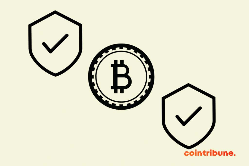 Dos escudos que simbolizan la seguridad, con un trozo de BTC en el centro