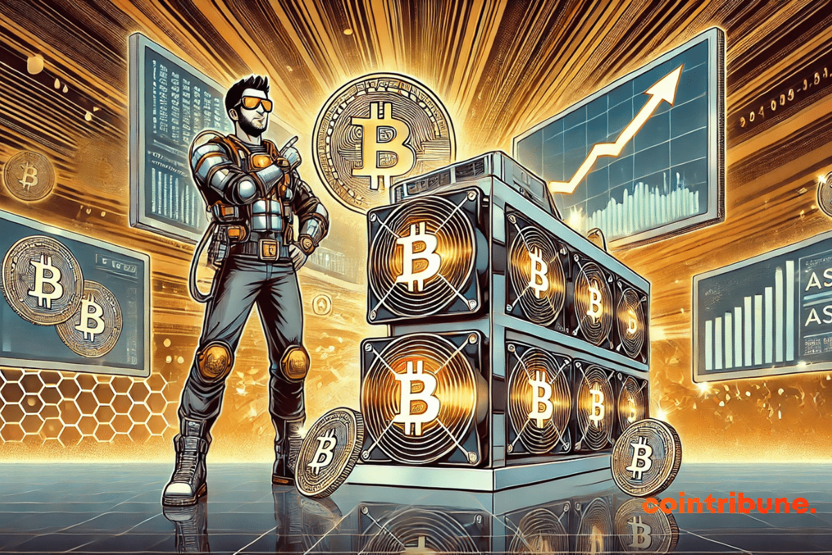 A shiny ASIC surrounded by futuristic digital elements, with a character pointing at a Bitcoin graphic, in shades of orange, black and white.