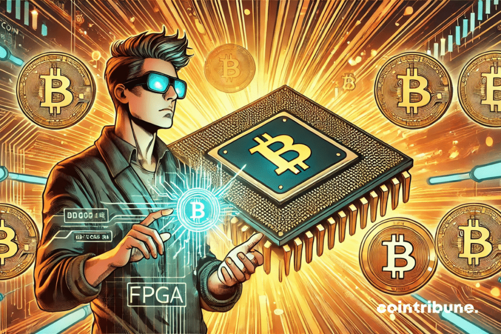 A luminous FPGA surrounded by Bitcoin symbols, with a character wearing futuristic glasses in front of a background of orange and black blockchain motifs.