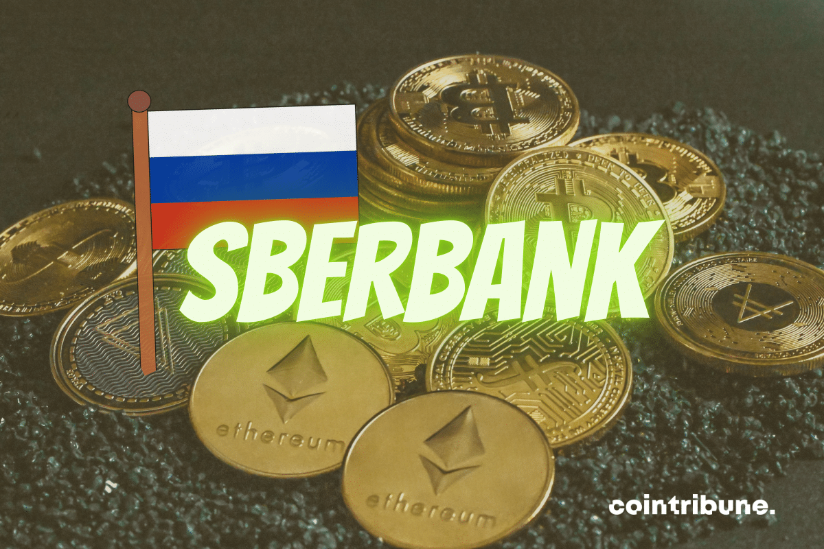 Pièces de cryptomonnaies, drapeau de la Russie et mention "Sberbank"