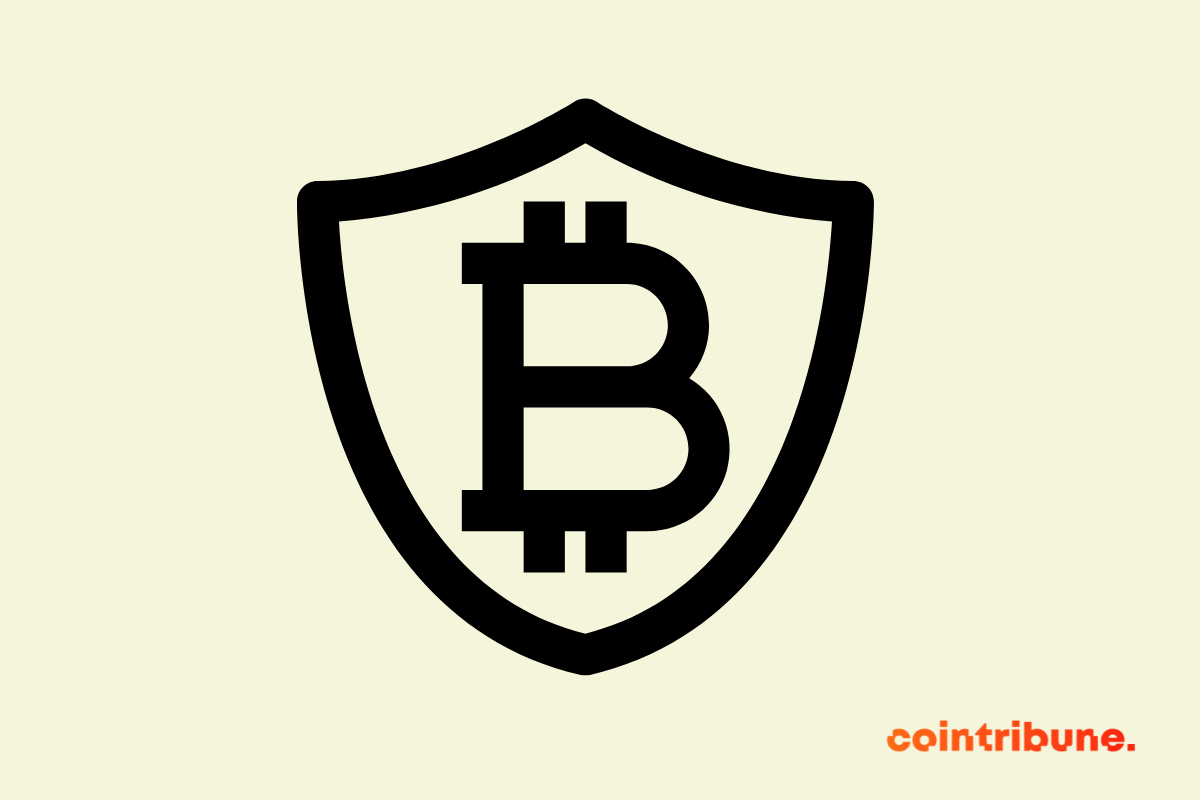 A shield featuring the Bitcoin symbol