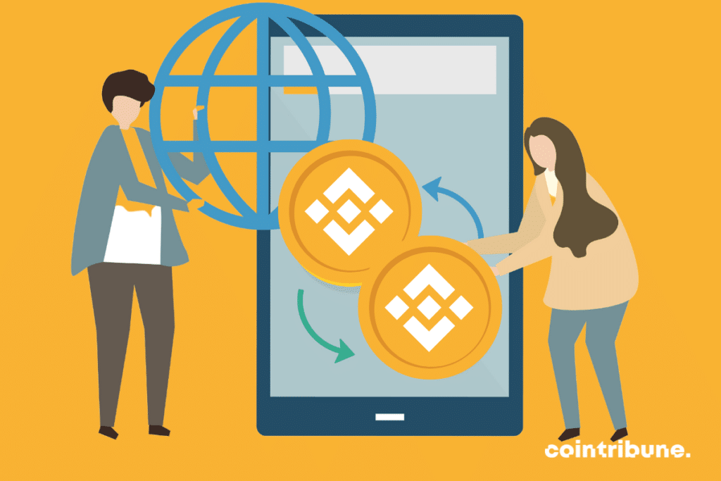 Croquis de deux personnes devant une tablette, l'une tenant une icône d'adresse tandis que l'autre tient un logo Binance.