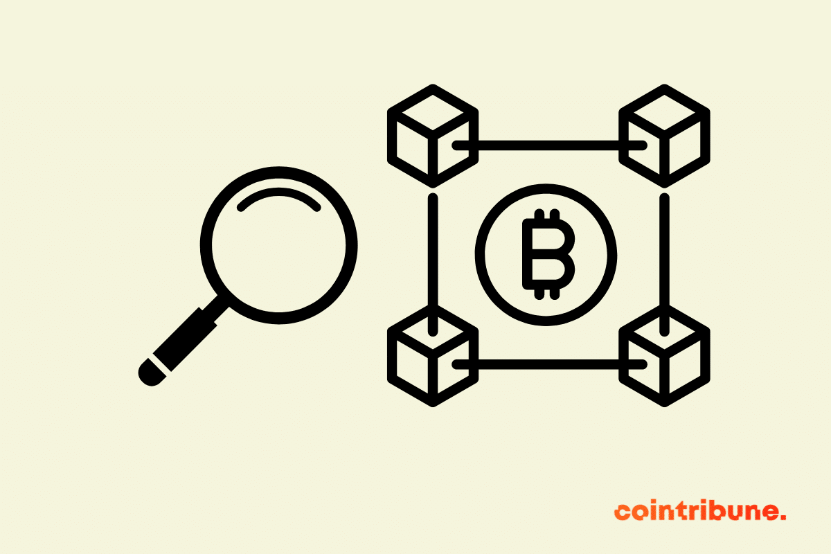A magnifying glass and the Bitcoin blockchai