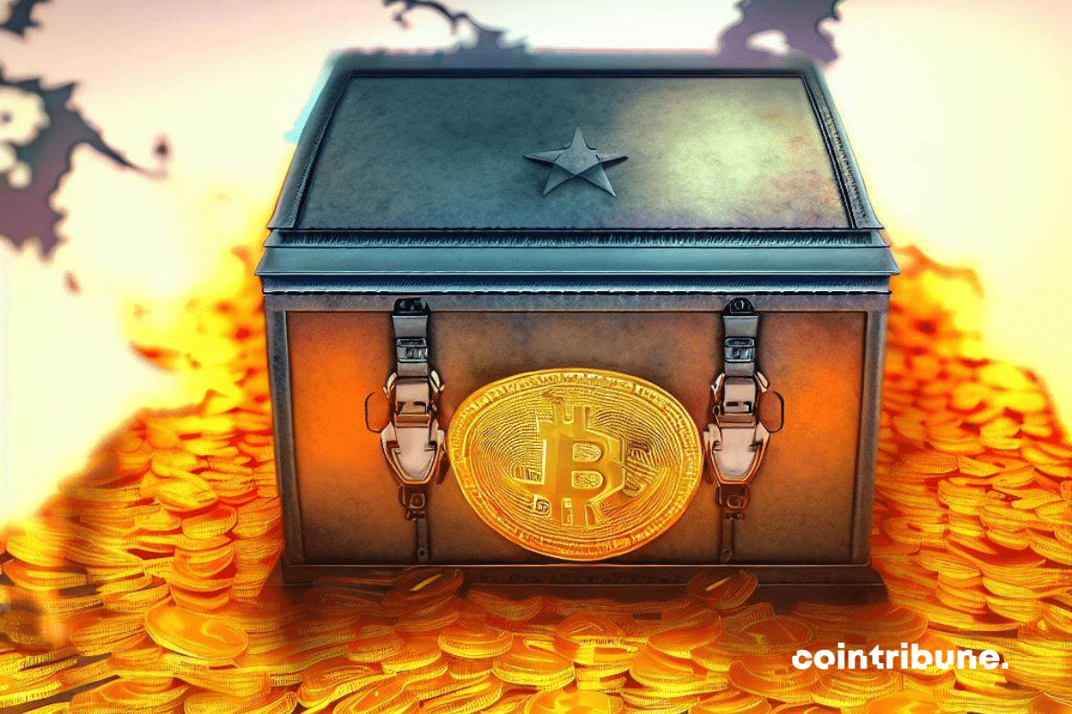 Bitcoin : Une carte des États-Unis avec un coffre-fort intégré au centre.
