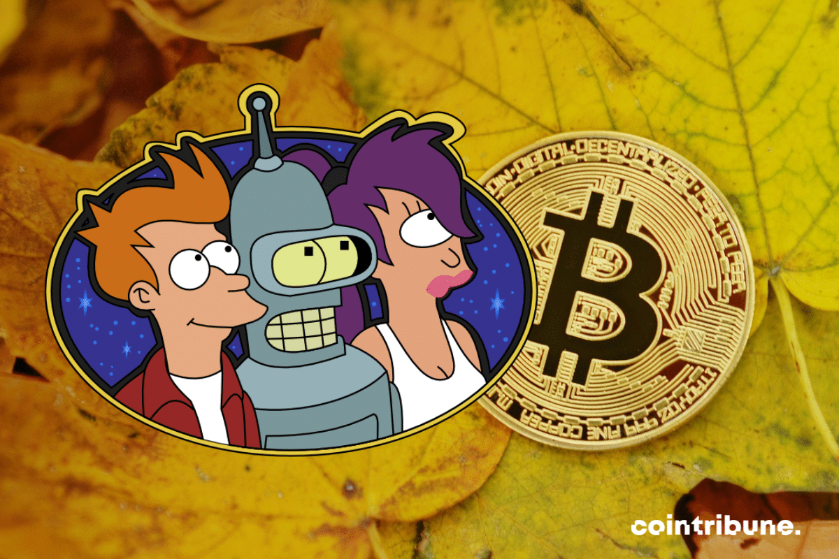Pièce de bitcoin étalée sur des feuilles mortes, et photo des personnages de Futurama