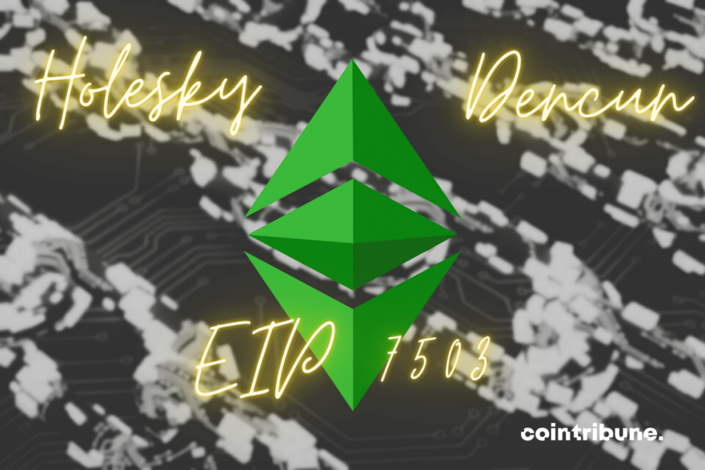 Vecteur de chaînes, logo d'Ethereum, mentions Holesky, Dencun et IP 7503
