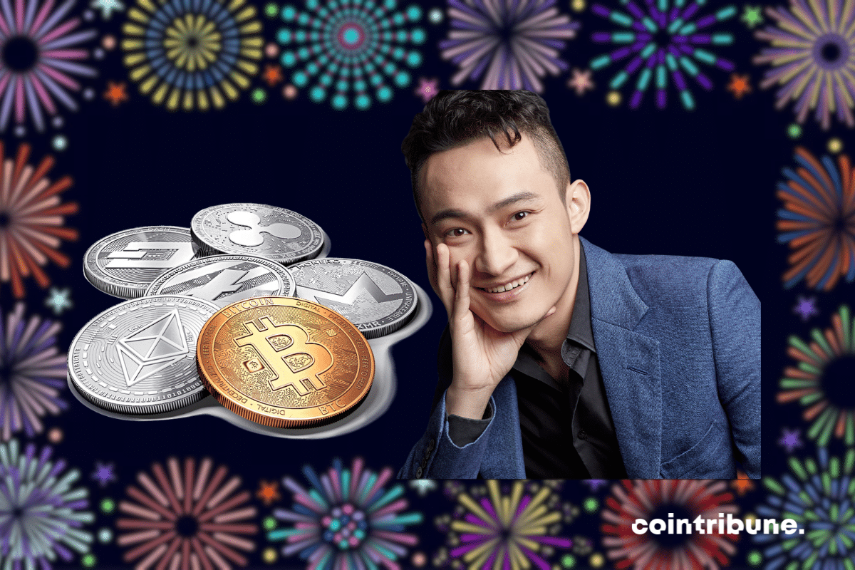 Photo de Justin Sun, pièces de cryptos sur fond de feux d'artifice