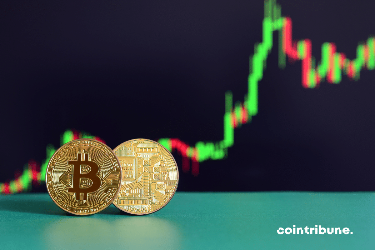 Bitcoin coins and a trading chart