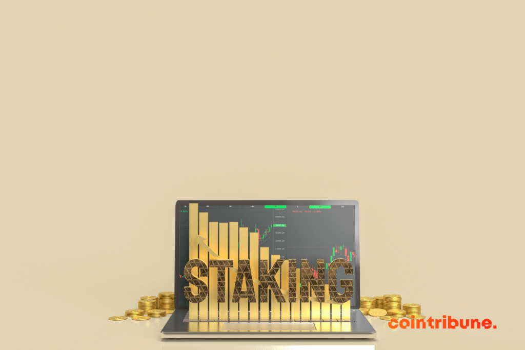 Inscription staking with a computer and physical cryptocurrency coins in the background