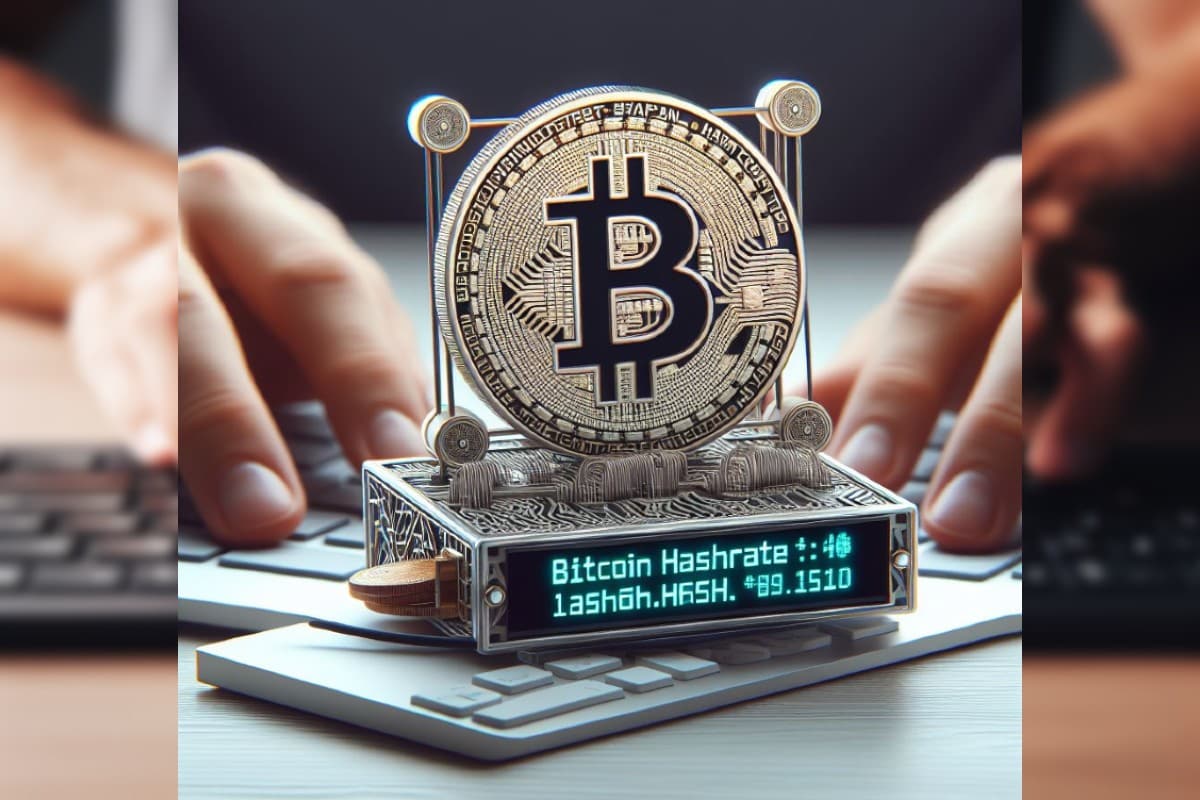 Hashrate - A hand on a keyboard, with a machine to measure the BTC hashrate