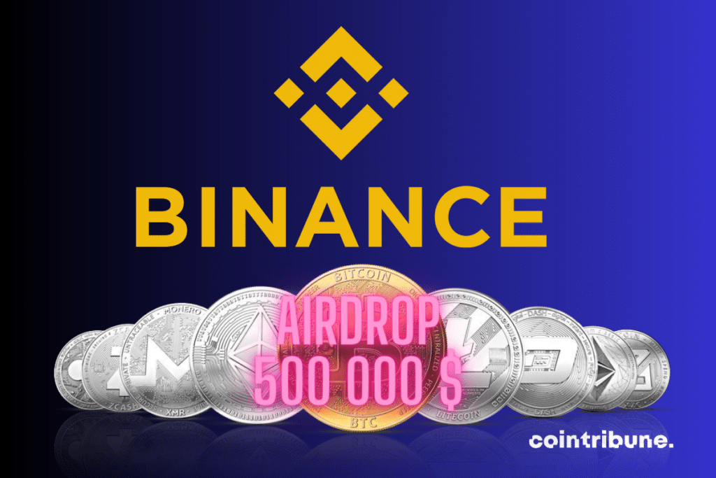 Binance logo, cryptocurrency coins and the words "Airdrop 0,000".