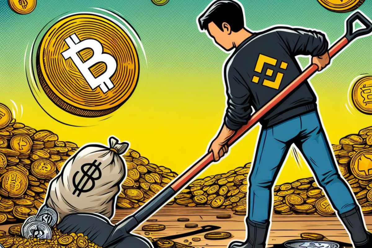 Individu armé d'une bêche travaillant sur des pièces de monnaie. Logo de Bitcoin