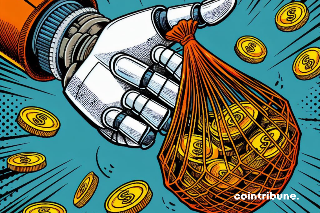 Filet avec pièces de monnaies, main de robot