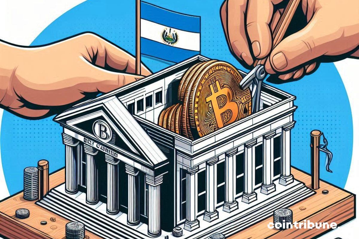 A hand building a model of a bank building, with bitcoin logo and El Salvador flag