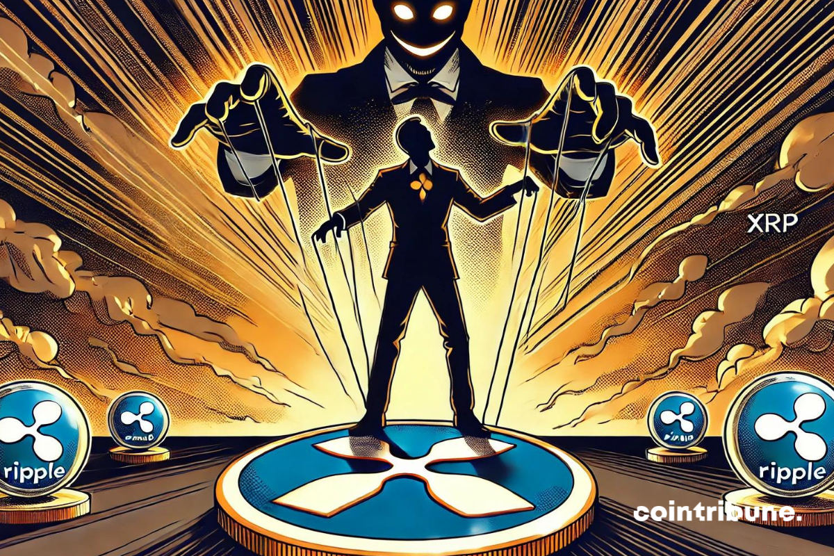 Un personnage fantôme qui manipule un autre qui porte le logo du XRP