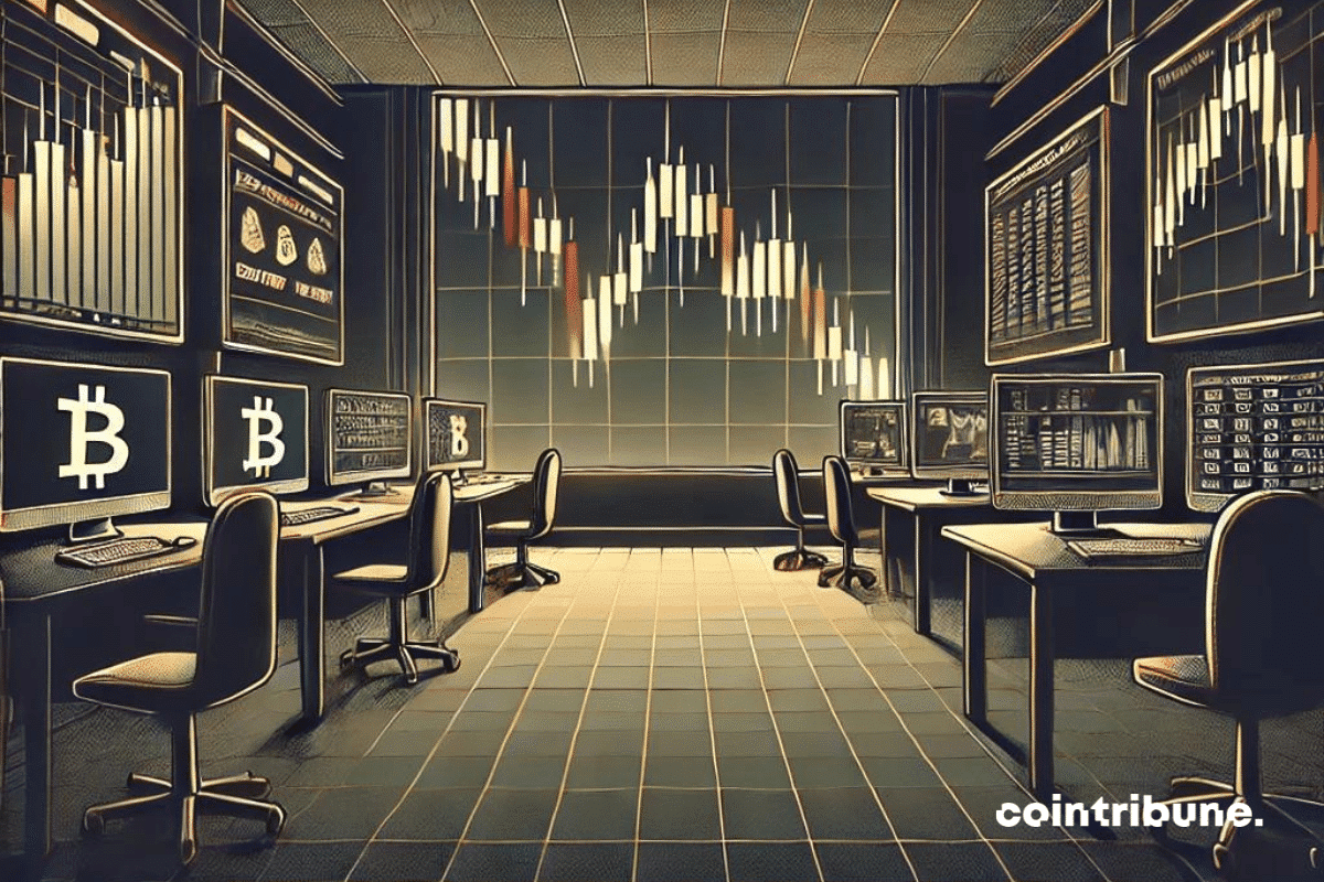 Une scène épurée et sombre d'une salle de marché numérique vide, avec des graphiques de cours de Bitcoin en baisse projetés sur des écrans. Quelques ordinateurs sont allumés, mais l'ambiance générale est calme et presque inquiétante, reflétant l'absence de traders et l'attente silencieuse d'un marché en chute. La lumière est tamisée, renforçant l'idée d'un déclin mystérieux et inattendu dans les échanges de cryptos.