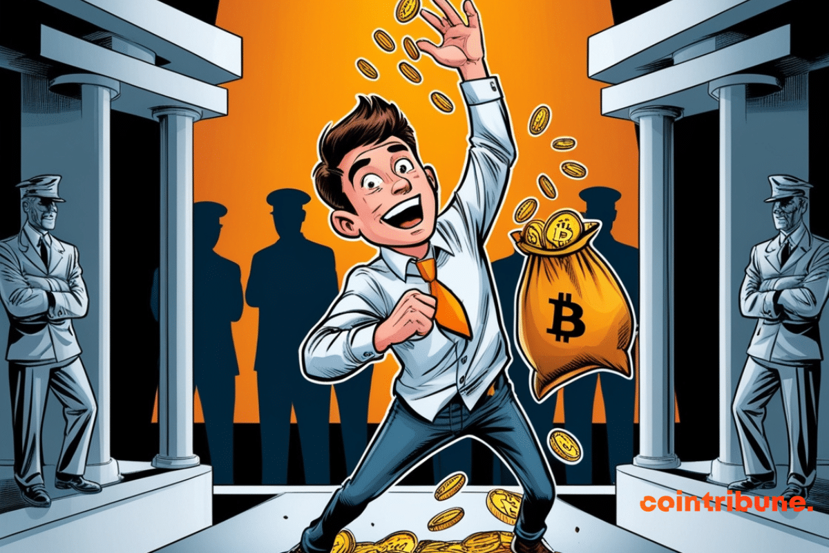 Ilustración de un operador novato de bitcoin regodeándose