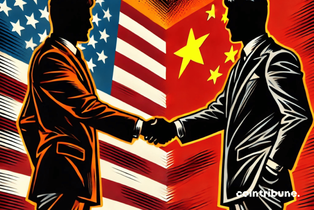 Un dirigeant des serrant fermement la main d’un homme d’affaires chinois. Leurs expressions sont sérieuses et tendues, donnant une impression de conflit malgré la poignée de main.