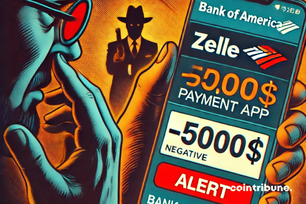 Gros plan sur un téléphone avec l’interface de paiement de Zelle montrant un montant en négatif (par exemple, -5000 $) pour renforcer l’idée de perte. L'angle est légèrement en plongée.