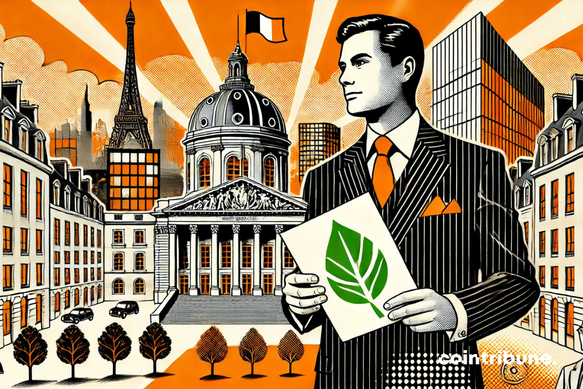 Une vue extérieure avec un bâtiment emblématique du Sénat (inspiré du Palais du Luxembourg) au centre. Un sénateur en costume, au visage concentré, tenant un document relatif à l'écologie et à l'immobilier en France marqué d’un graphique ou d’une feuille verte.