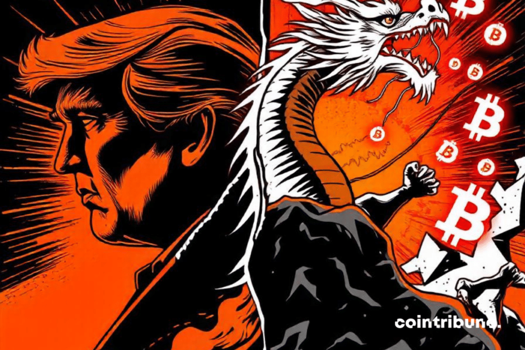 Ilustración que muestra a Donald Trump frente a un dragón que simboliza un colapso de Bitcoin, con logos de Bitcoin cayendo como impactos.