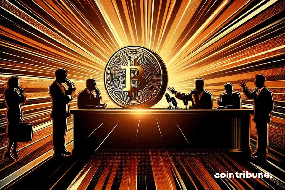 Moneda Bitcoin rodeada de periodistas