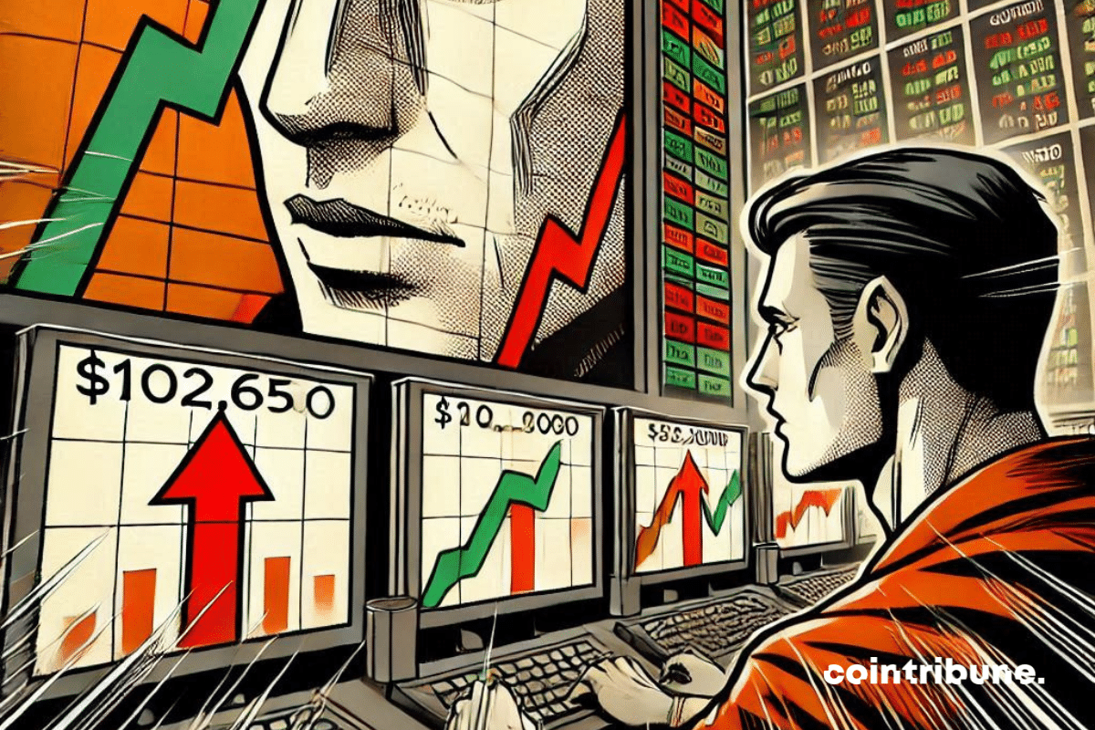 Un operador de Bitcoin observa los gráficos y el récord de 102.650 dólares