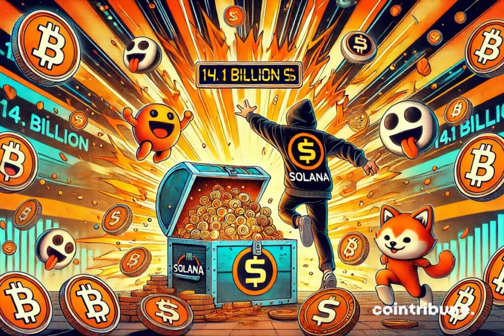 una explosión visual de cripto con una mascota estilizada, Solana, vista desde un gran angular.