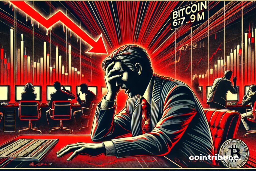 Bitcoin trader with hand over face, background of falling red charts