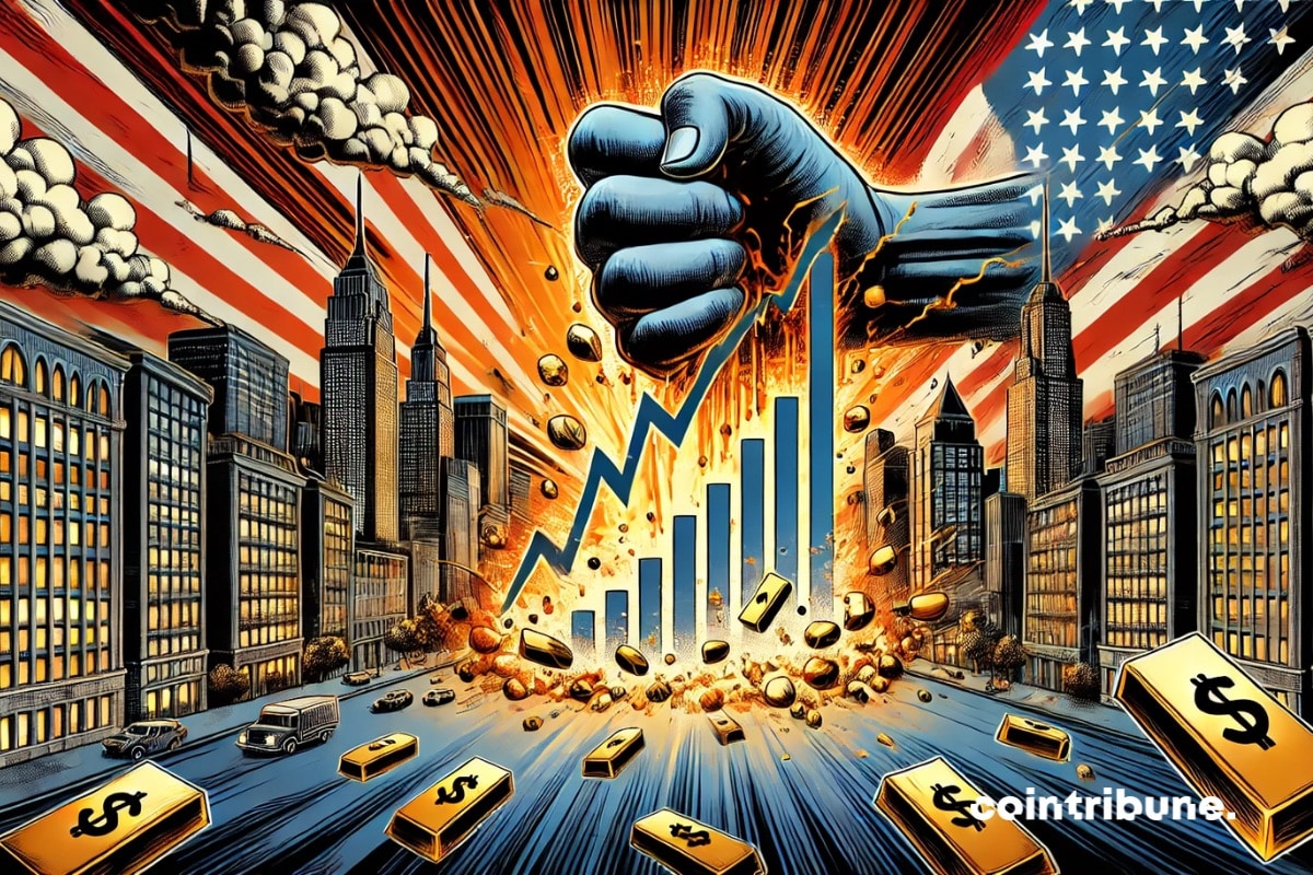 A giant hand representing the US debt, bringing down buildings representing the country's economy.