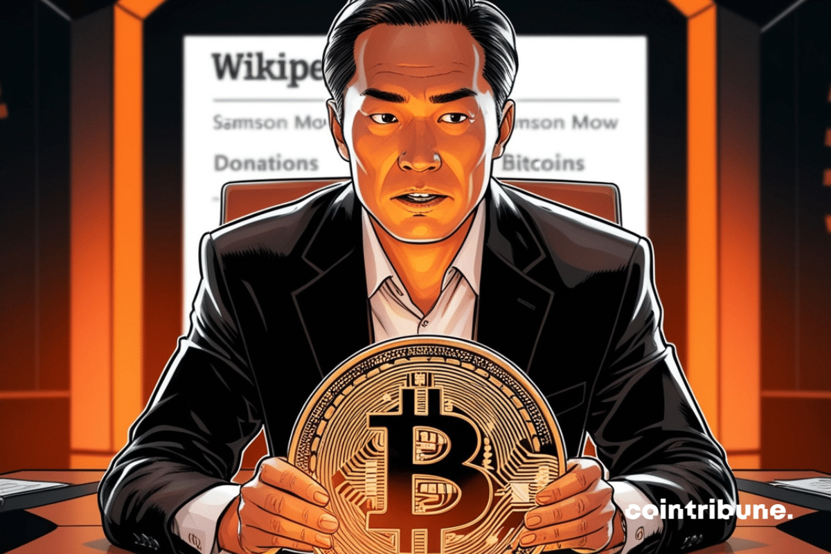 Retrato de Samson Mow sosteniendo una moneda bitcoin y un encarte de Wikipedia