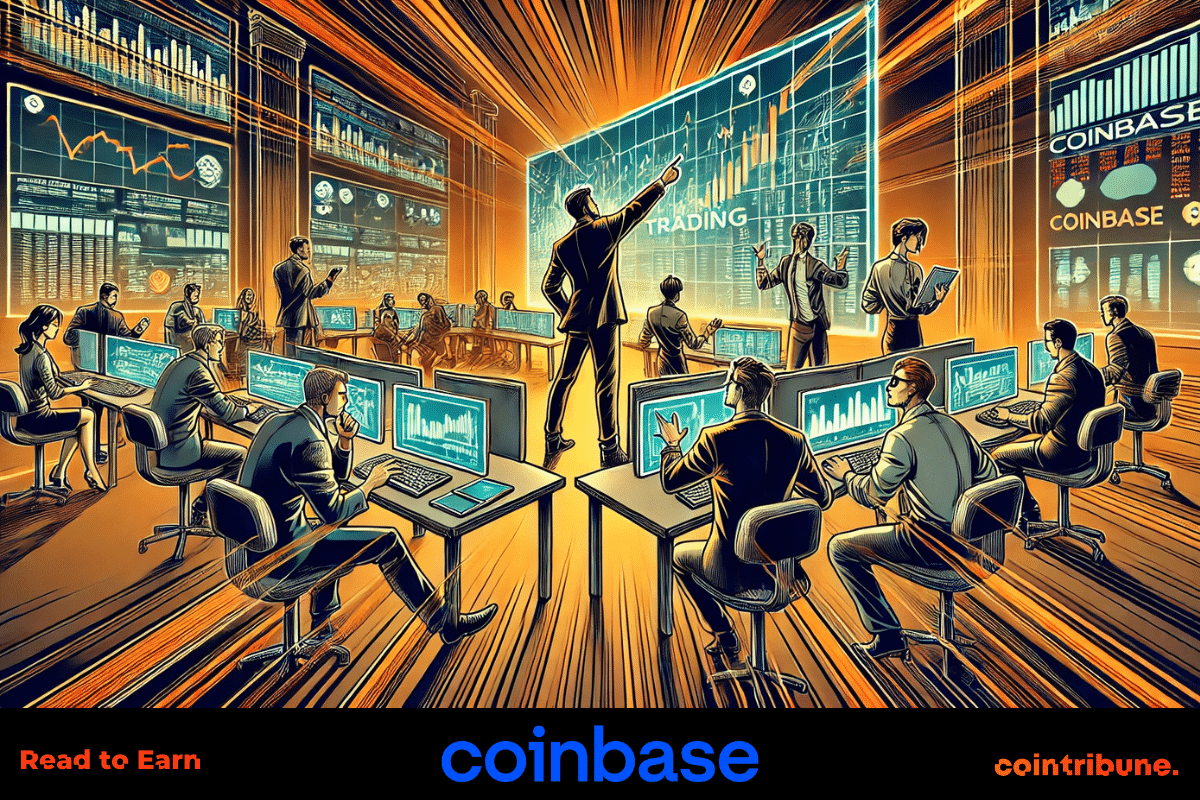 People in suits in a room learning how to trade on Coinbase