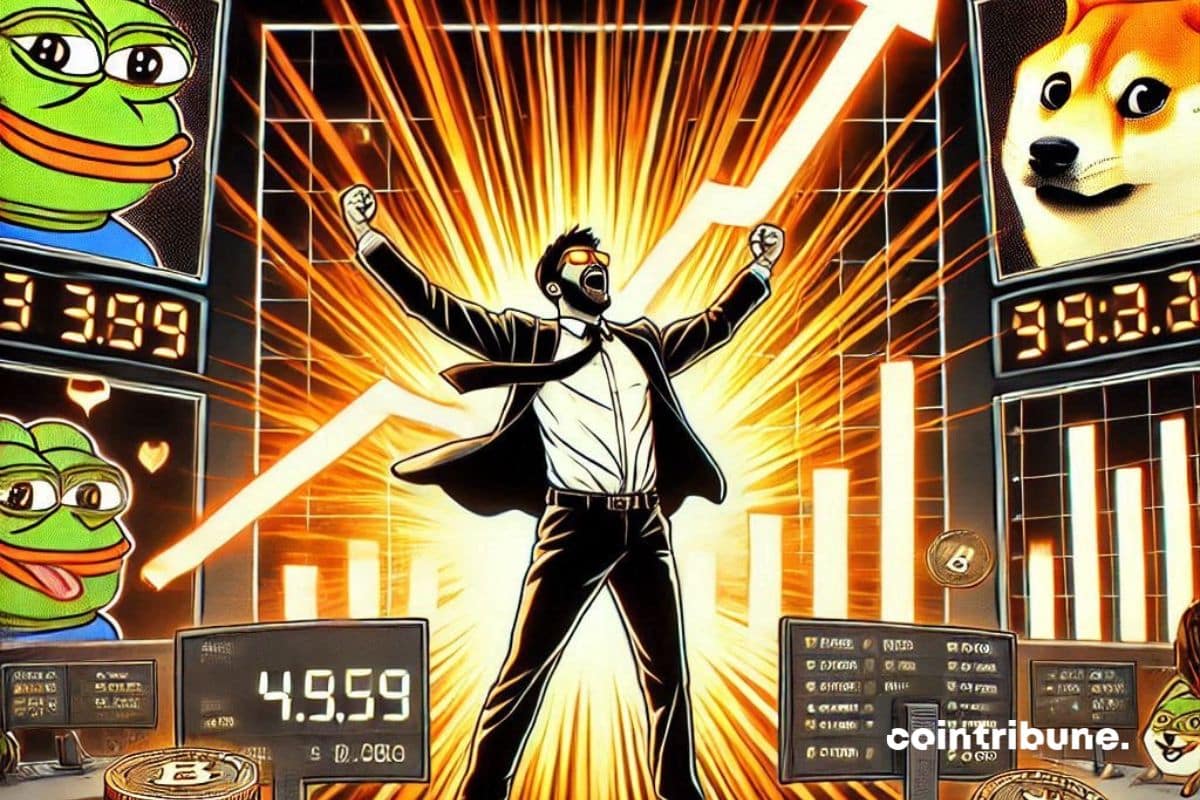 Un hombre celebra la subida del precio de Solana con memes de cripto
