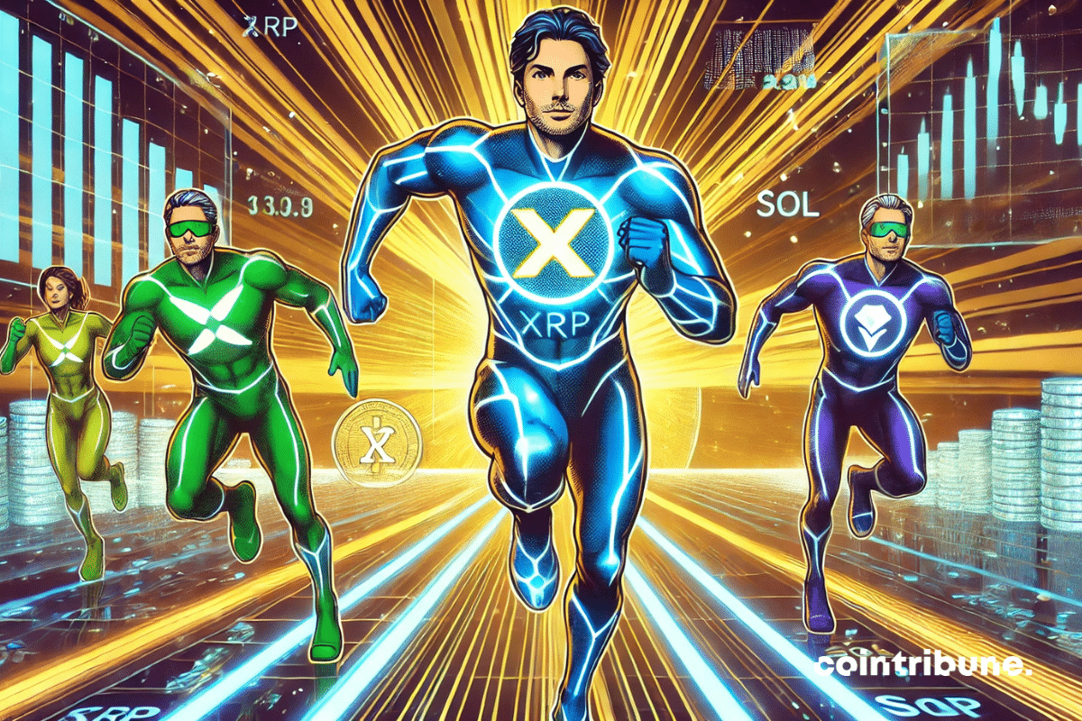 Tres superhéroes estilizados corriendo a toda velocidad en una carrera futurista sobre una pista digital luminosa. El héroe a la cabeza representa a XRP, con un traje azul y dorado brillante, luciendo un gran símbolo de XRP luminoso en el pecho, su rostro mostrando confianza y determinación. Detrás de él, otros dos héroes intentan alcanzarlo: uno representa a Tether, vestido de verde con un símbolo 'T', y el otro a Solana, en púrpura y negro con un símbolo 'SOL'. La pista está rodeada de gráficos financieros holográficos y haces de luz, reforzando la idea de una competencia intensa en el universo tecnológico de las criptomonedas. El ambiente es dinámico y competitivo, con énfasis en la velocidad y la tensión.