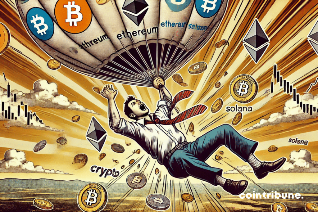 Un personaje suspendido de un globo aerostático que está perdiendo altitud, mientras caen monedas de criptomonedas como lluvia, simbolizando el auge de los altcoins.