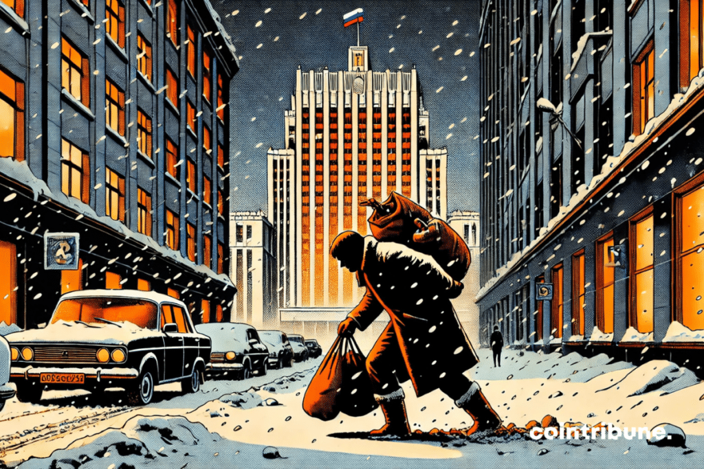 Snowy street in Moscow, a person struggles to walk with empty bags symbolizing inflation in Russia.