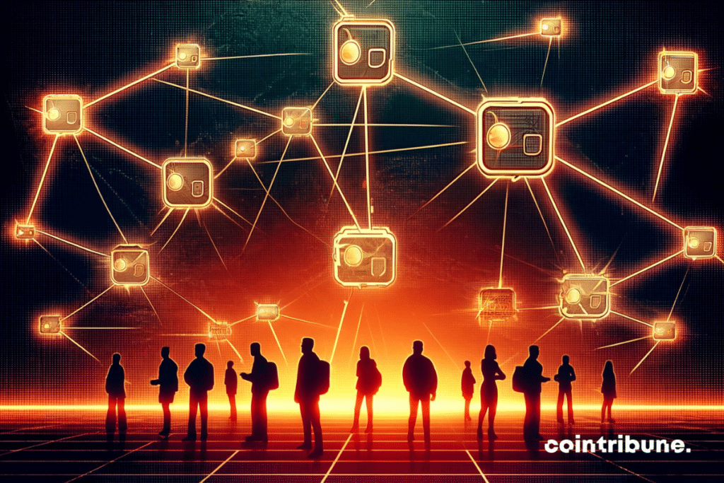 Plano amplio mostrando varias siluetas humanas con líneas luminosas que las conectan a monederos crypto flotantes.