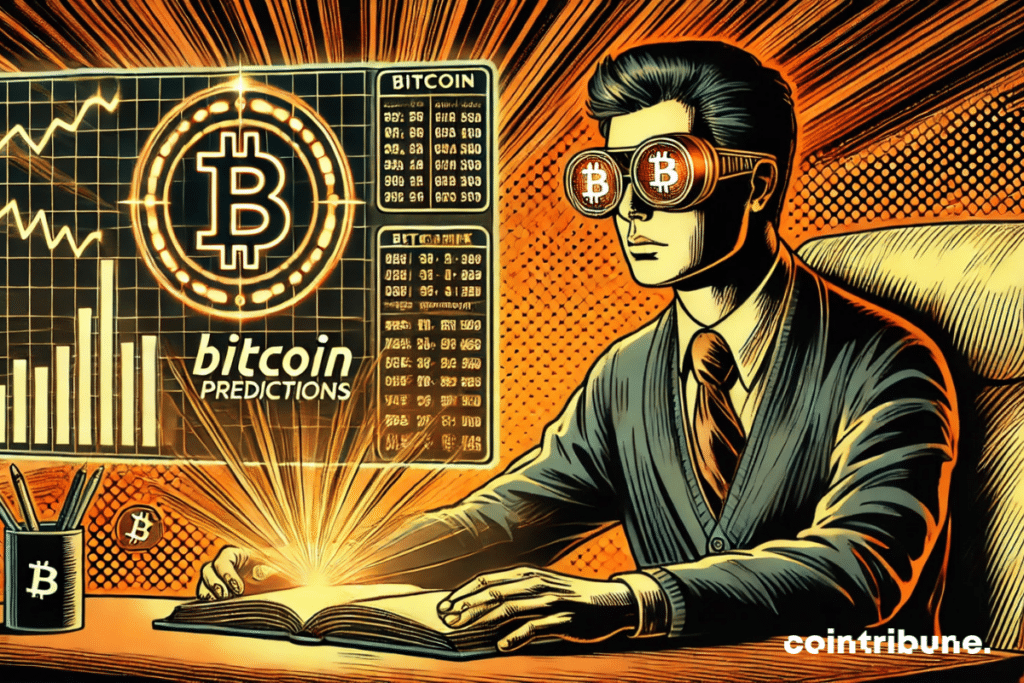 Un analista hojea un libro o una tableta futurista que muestra predicciones sobre Bitcoin, con hologramas y cifras que surgen de la pantalla.