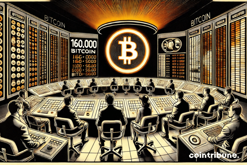 A high-tech control room with analysts surrounded by screens displaying a Bitcoin chart.