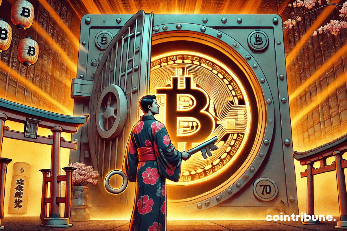 Una escena de una caja fuerte gigante con un símbolo de Bitcoin integrado en la puerta.