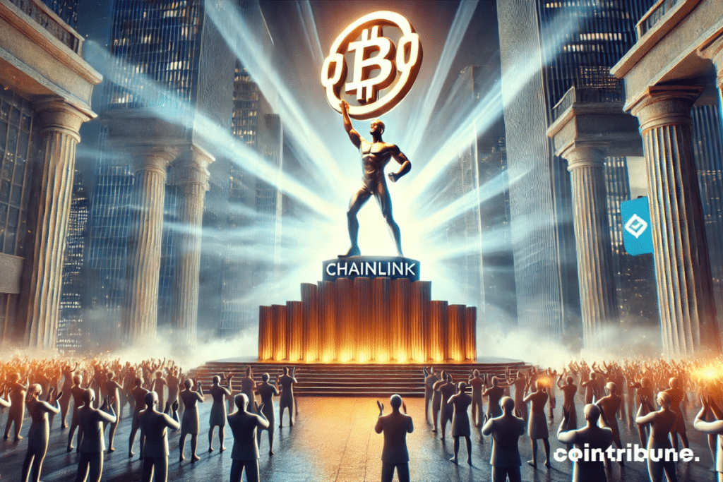 Una escena abstracta que representa un gráfico cripto en 3D donde líneas anaranjadas llameantes convergen hacia un pico.