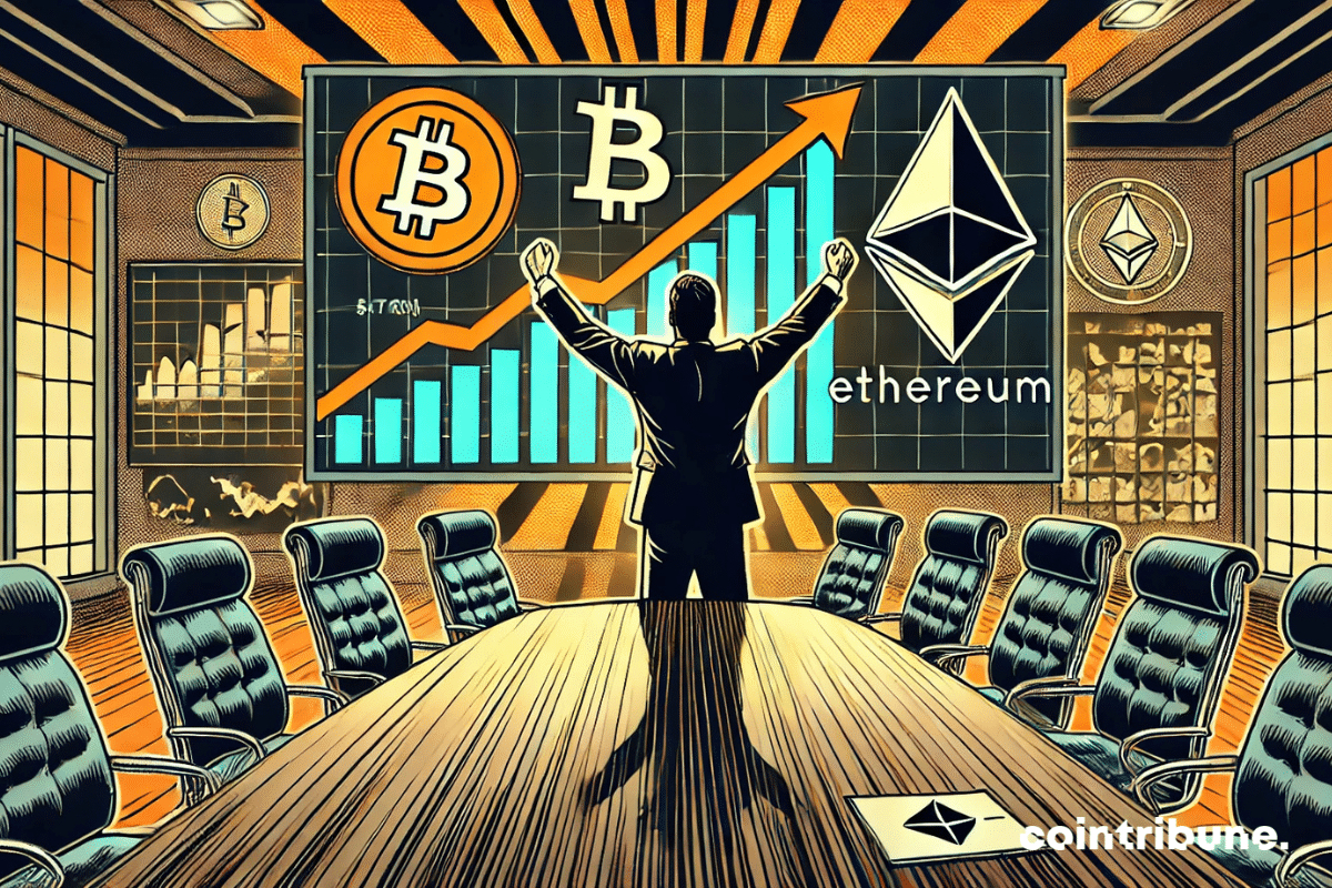 Una escena en una sala de conferencias moderna. En una gran pantalla, un gráfico ascendente marcado con los logotipos de Bitcoin y Ethereum.