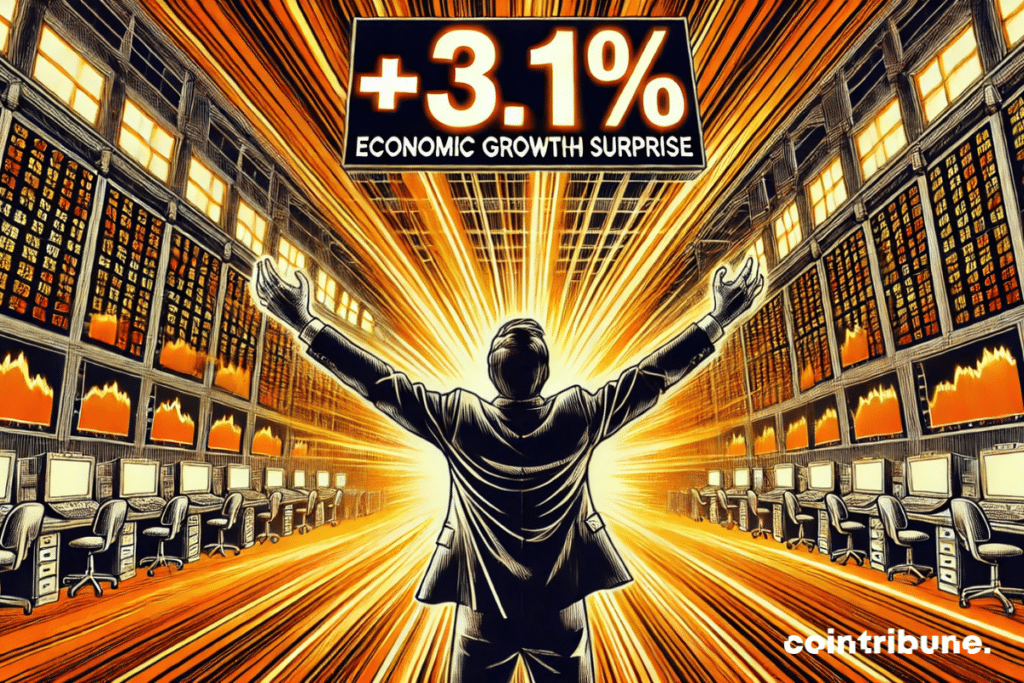 Una vista amplia de un trader eufórico en una sala de mercado, con pantallas alrededor mostrando '+3.1%' en números grandes.