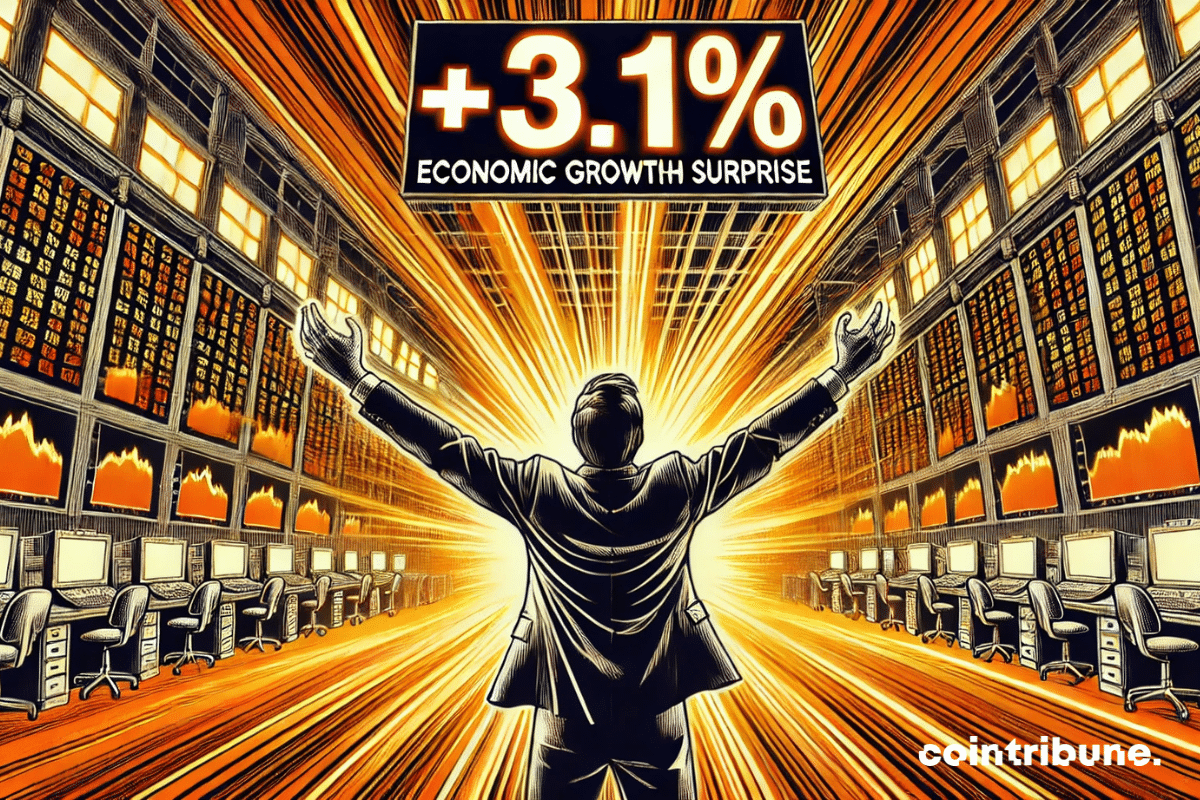 Una vista amplia de un trader eufórico en una sala de mercado, con pantallas alrededor mostrando '+3.1%' en números grandes.