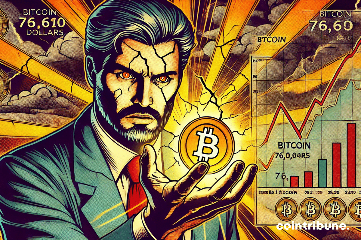 Personaje estilizado de Peter Brandt sosteniendo un gráfico agrietado, mostrando Bitcoin a 76 614 $ al borde de una caída.