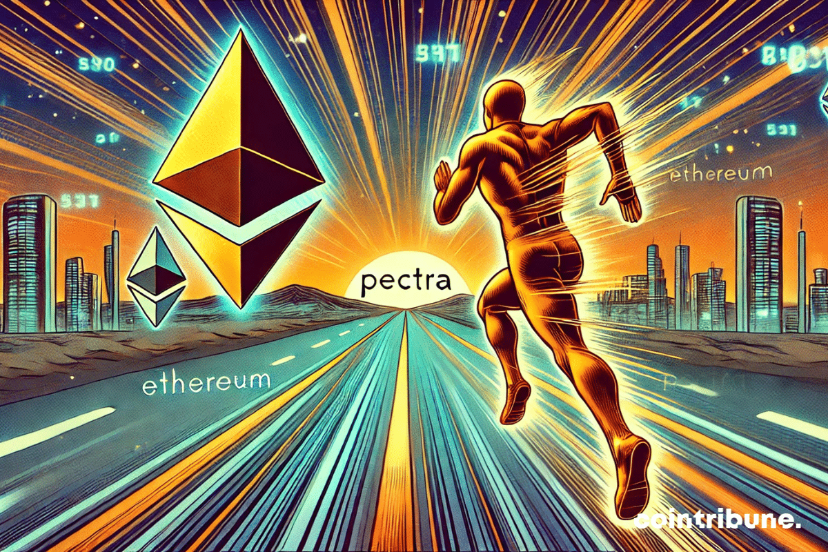 A futuristic road, with an Ethereum token and Pectra merging and generating a luminous trail.