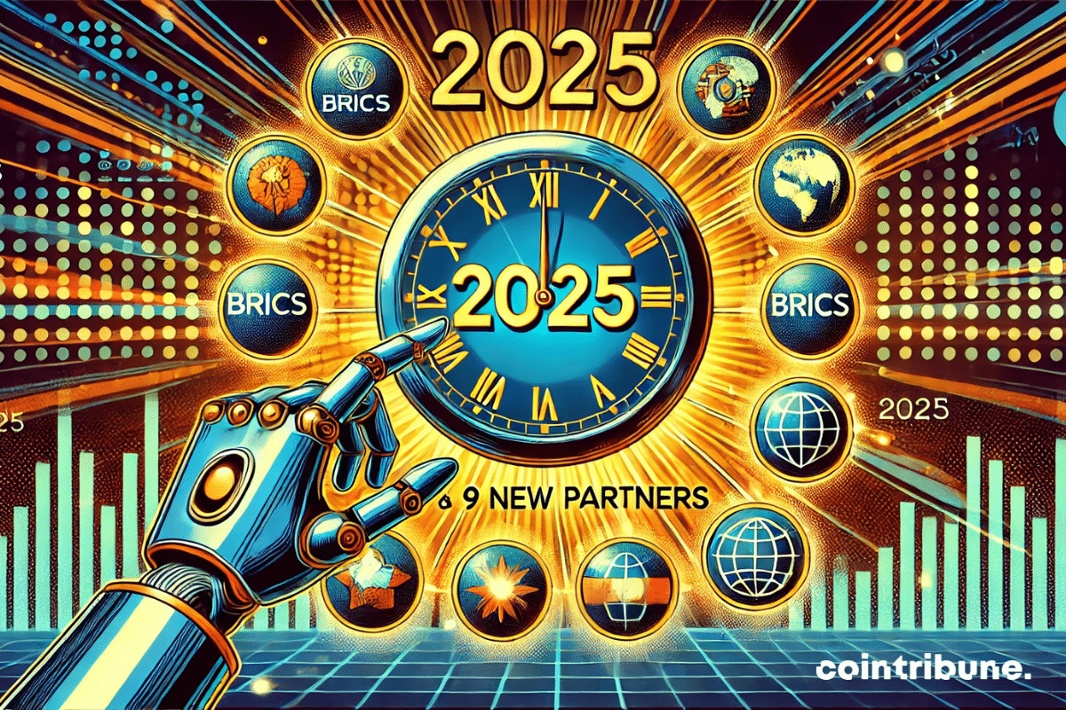 Un reloj futurista que muestra '2025', rodeado de símbolos que representan a los BRICS y a los nuevos socios.